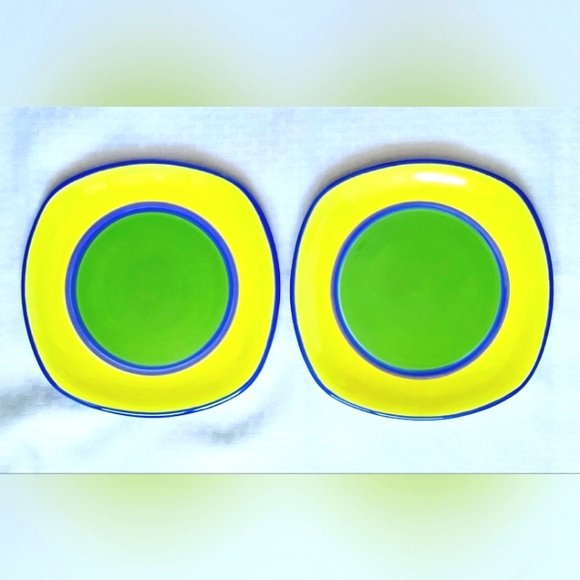Dansk Caribe Salad Plates Set Of 2 Square Yellow Green with Blue Rim - Picture 9 of 9